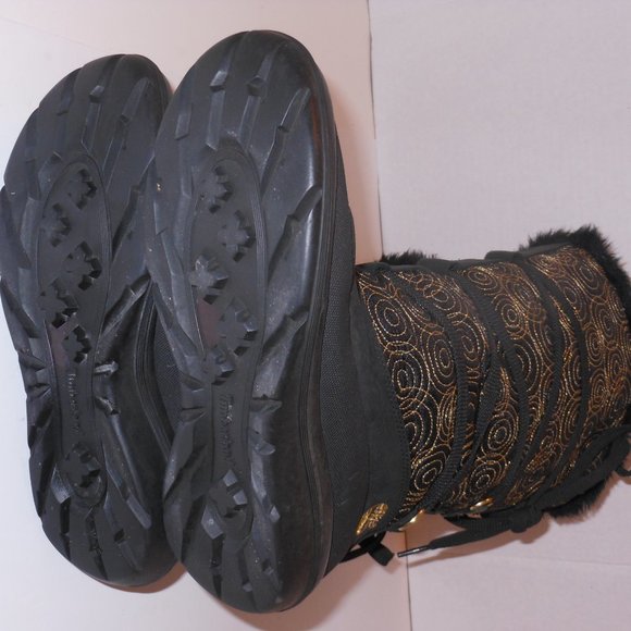 TIMBERLAND BLACK AND GOLD LEATHER AND FAUX FUR KNEE-HIGH BOOTS SIZE 6.5 MEDIUM - Picture 4 of 9